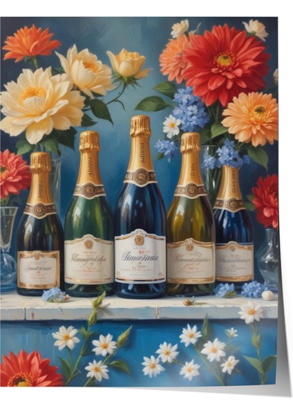 Çerçevesiz Poster, Şarap Şişeleri ve Çiçekler, Salon Dekoru Poster No: 109605