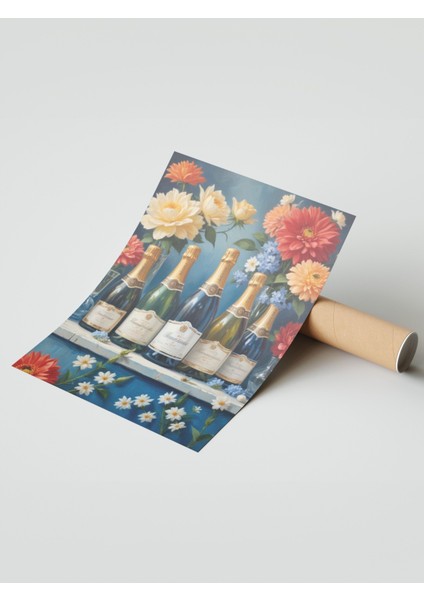 Çerçevesiz Poster, Şarap Şişeleri ve Çiçekler, Salon Dekoru Poster No: 109605 modelleri