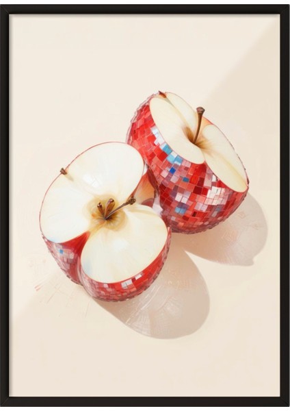 Siyah Çerçeveli Tablo, Elma Parçası Minimalist Çizim, Mutfak Dekoru Poster No: 109542