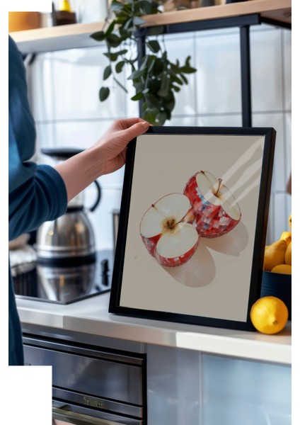 Siyah Çerçeveli Tablo, Elma Parçası Minimalist Çizim, Mutfak Dekoru Poster No: 109542 modelleri