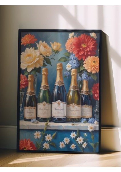 Siyah Çerçeveli Tablo, Şarap Şişeleri ve Çiçekler, Salon Dekoru Poster No: 109605 fiyatları