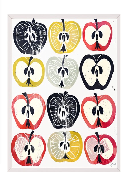 Beyaz Çerçeveli Tablo, Yarı Kesilmiş Elma Deseni – Pop Art Stil, Mutfak Dekoru Poster No: 107992