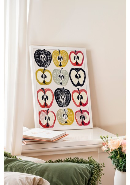 Beyaz Çerçeveli Tablo, Yarı Kesilmiş Elma Deseni – Pop Art Stil, Mutfak Dekoru Poster No: 107992 fiyatları