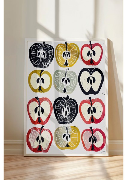 Beyaz Çerçeveli Tablo, Yarı Kesilmiş Elma Deseni – Pop Art Stil, Mutfak Dekoru Poster No: 107992 modelleri