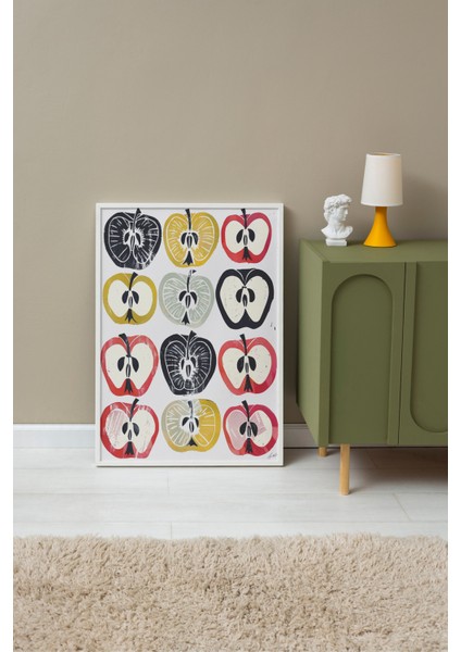 Beyaz Çerçeveli Tablo, Yarı Kesilmiş Elma Deseni – Pop Art Stil, Mutfak Dekoru Poster No: 107992 fırsatları