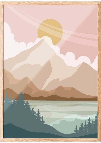 Ahşap Çerçeveli Tablo, Yeşil Tonlarda Minimal Doğa Manzarası, Salon Dekoru Poster No: 107956