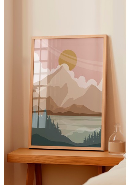 Ahşap Çerçeveli Tablo, Yeşil Tonlarda Minimal Doğa Manzarası, Salon Dekoru Poster No: 107956 fiyatları