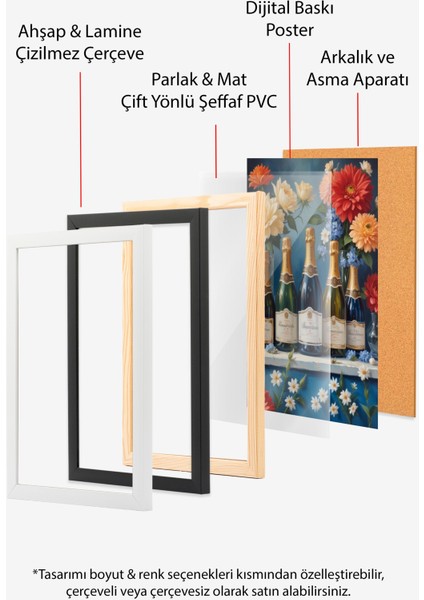 Siyah Çerçeveli Tablo, Şarap Şişeleri ve Çiçekler, Salon Dekoru Poster No: 109605