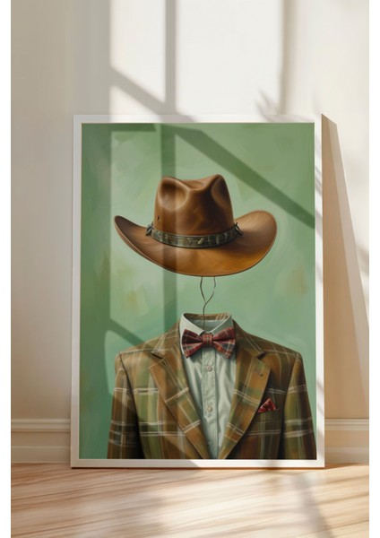 Beyaz Çerçeveli Tablo, Şapkalı Kovboy Portresi, Ofis Dekoru Poster No: 108172 modelleri