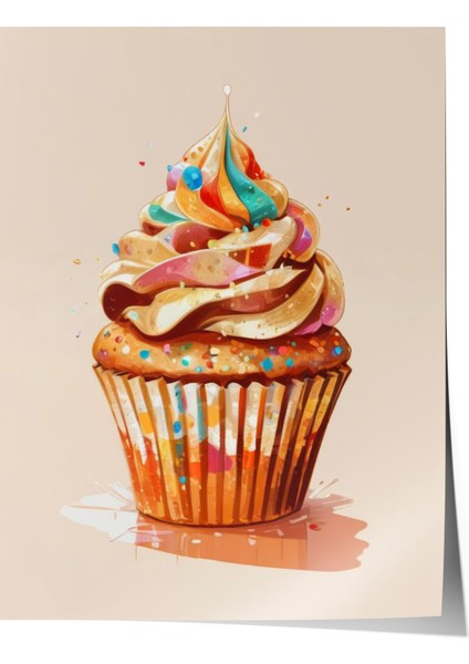 Çerçevesiz Poster, Cupcake Illüstrasyonu – Renkli Tatlı, Mutfak Dekoru Poster No: 109426