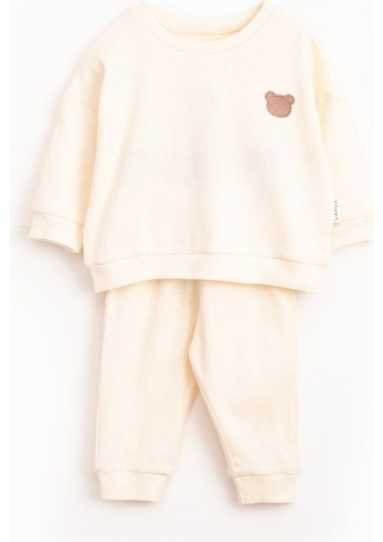 İkili Takım – Krem Ayıcık Nakışlı Waffle Kumaş