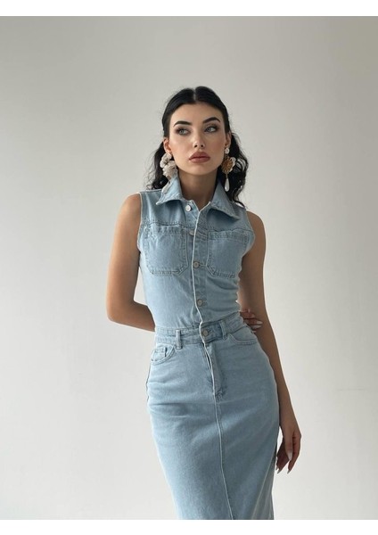 Meldia Jean Sıfır Kollu Elbise M-Mavi̇