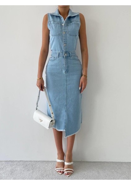 Meldia Jean Sıfır Kollu Elbise M-Mavi̇ fiyatları