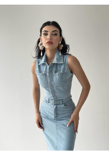 Meldia Jean Sıfır Kollu Elbise M-Mavi̇ fırsatları