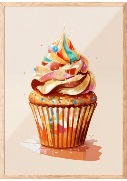 Ahşap Çerçeveli Tablo, Cupcake Illüstrasyonu – Renkli Tatlı, Mutfak Dekoru Poster No: 109426