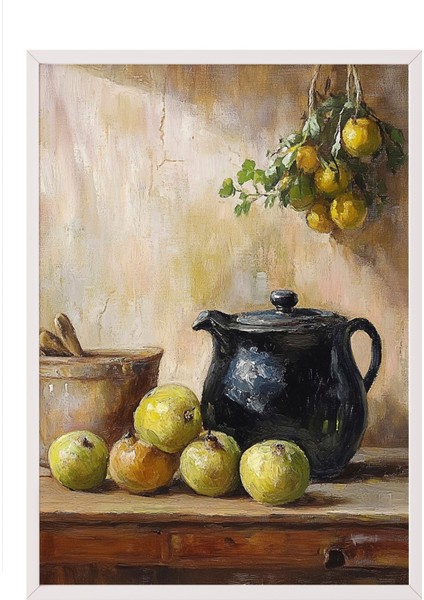 Beyaz Çerçeveli Tablo, Eski Sürahi ve Tabak Natürmort, Mutfak Dekoru Poster No: 108583