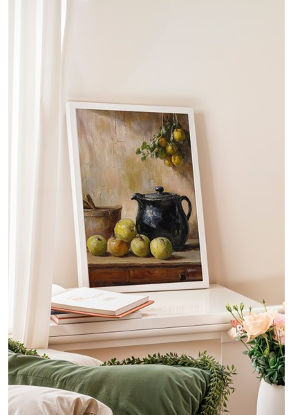 Beyaz Çerçeveli Tablo, Eski Sürahi ve Tabak Natürmort, Mutfak Dekoru Poster No: 108583 fiyatları