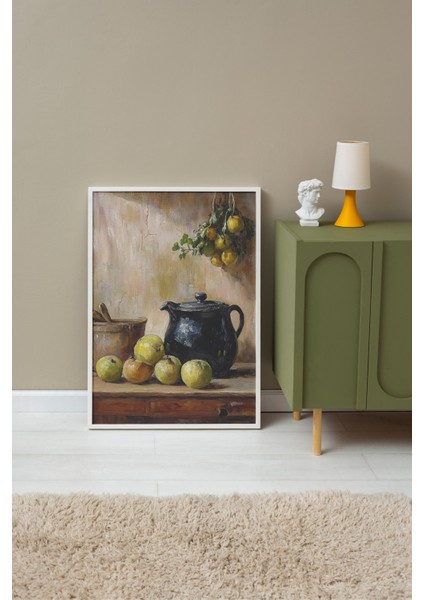 Beyaz Çerçeveli Tablo, Eski Sürahi ve Tabak Natürmort, Mutfak Dekoru Poster No: 108583 fırsatları