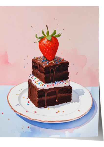 Çerçevesiz Poster, Çilekli Pasta Detaylı Gerçekçi Stil, Mutfak Dekoru Poster No: 109461