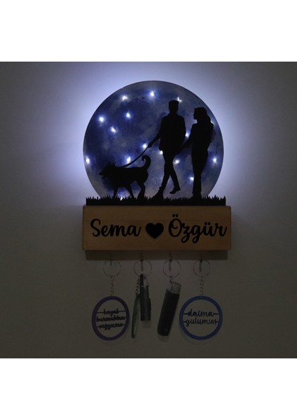 LED Işıklı Pleksi Dolunay Kişiselleştirilebilir Biblo Silvia Köpek Gezdiren Çift Anahtar Askılığı