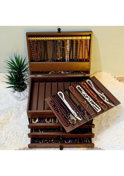 Ahşap 58 Bölmeli Kapaklı Ceviz Tesbih Kutusu Koleksiyonluk Aksesuar Dolabı