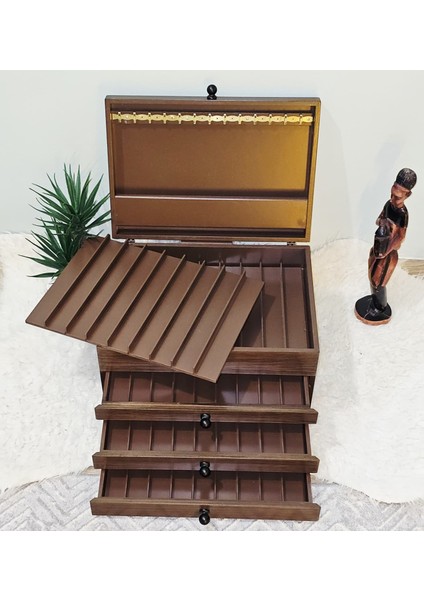 Ahşap 58 Bölmeli Kapaklı Ceviz Tesbih Kutusu Koleksiyonluk Aksesuar Dolabı fırsatları