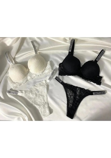 Kadın Dantelli Taşlı Destekli Dolgulu Push Up Sütyen Takımı Iç Çamaşırı Takımı Ikili Paket Avantajlı