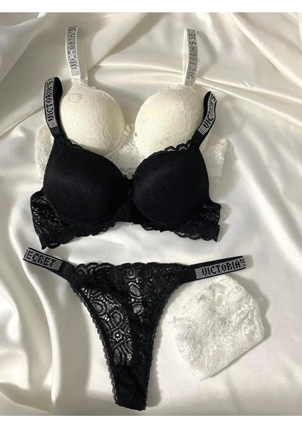 Kadın Dantelli Taşlı Destekli Dolgulu Push Up Sütyen Takımı Iç Çamaşırı Takımı Ikili Paket Avantajlı modelleri