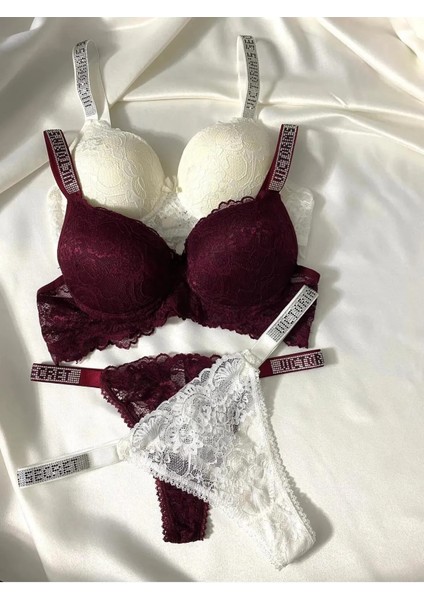 Kadın Dantelli Taşlı Destekli Dolgulu Push Up Sütyen Takımı Iç Çamaşırı Takımı Ikili Paket Avantajlı