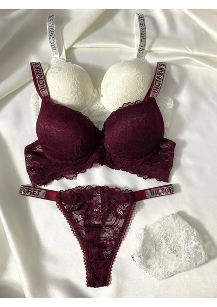 Kadın Dantelli Taşlı Destekli Dolgulu Push Up Sütyen Takımı Iç Çamaşırı Takımı Ikili Paket Avantajlı fiyatları
