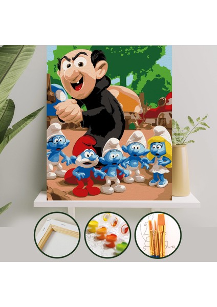 Sayılarla Boyama 40X50 cm Tuval Seti Fırça Boya Dahil Çıtaya Gerili - Şirinler