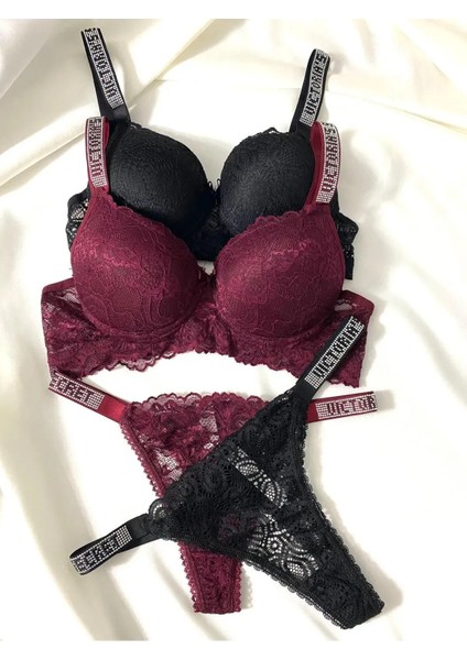 Kadın Dantelli Taşlı Destekli Dolgulu Push Up Sütyen Takımı Iç Çamaşırı Takımı Ikili Paket Avantajlı