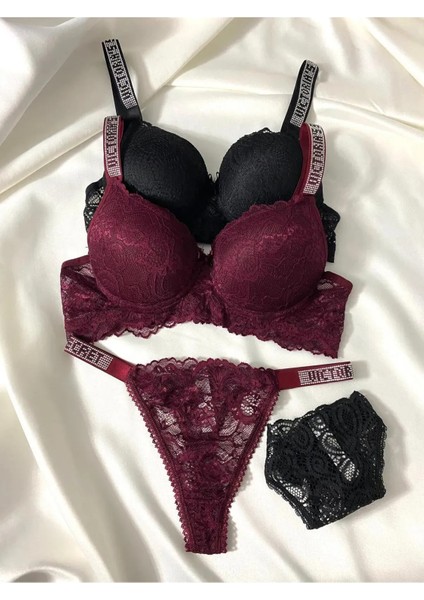 Kadın Dantelli Taşlı Destekli Dolgulu Push Up Sütyen Takımı Iç Çamaşırı Takımı Ikili Paket Avantajlı fiyatları