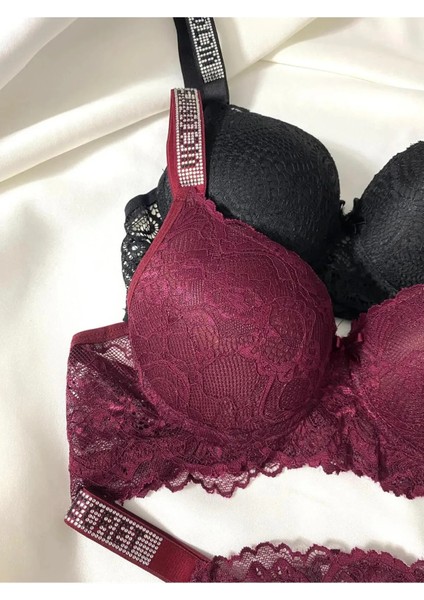 Kadın Dantelli Taşlı Destekli Dolgulu Push Up Sütyen Takımı Iç Çamaşırı Takımı Ikili Paket Avantajlı fırsatları
