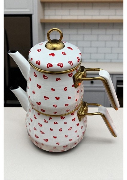 Kalp Desenli Gold Kulplu Emaye Çaydanlık Takımı 1lt - 2lt