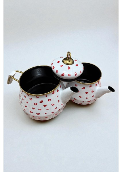 Kalp Desenli Gold Kulplu Emaye Çaydanlık Takımı 1lt - 2lt modelleri