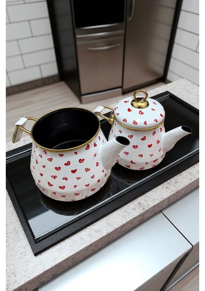 Kalp Desenli Gold Kulplu Emaye Çaydanlık Takımı 1lt - 2lt fırsatları