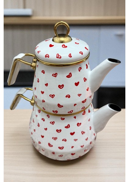 Kalp Desenli Gold Kulplu Emaye Çaydanlık Takımı 1lt - 2lt indirimleri