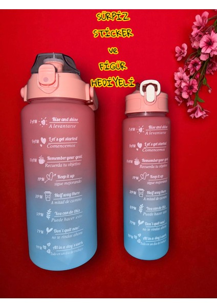 Motivasyon 2li Su Matarası Suluk 2lt 750ML Yavrulu Tritan Spor Su Şişesi Sticker ve Figür Hediyeli