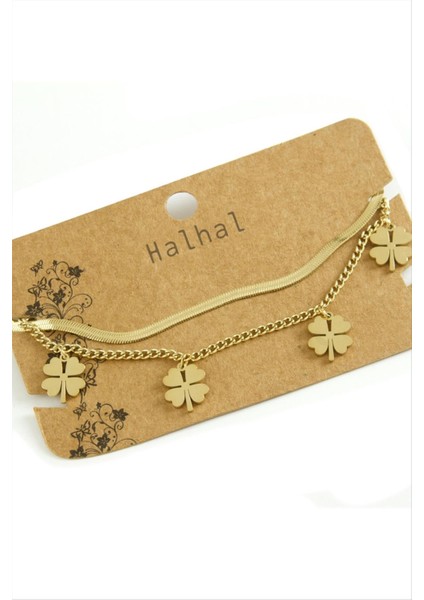 Kadın Yonca Italyan Zincirli Lüks Çelik Halhal