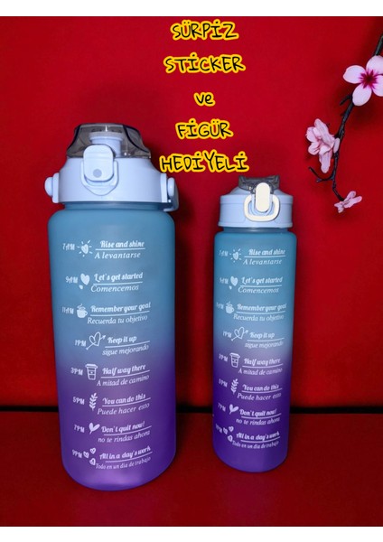 Motivasyon 2li Su Matarası Suluk 2lt 750ML Yavrulu Tritan Spor Su Şişesi Sticker ve Figür Hediyeli