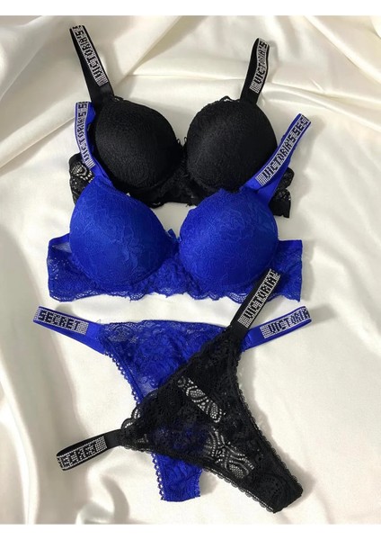 Kadın Dantelli Taşlı Destekli Dolgulu Push Up Sütyen Takımı Iç Çamaşırı Takımı Ikili Paket Avantajlı