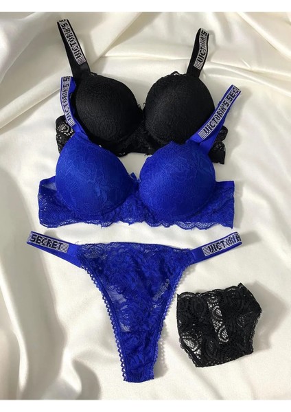 Kadın Dantelli Taşlı Destekli Dolgulu Push Up Sütyen Takımı Iç Çamaşırı Takımı Ikili Paket Avantajlı fiyatları