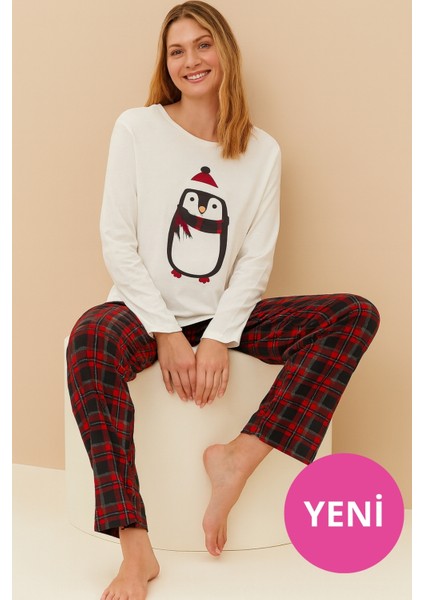 Kadın Baskılı Beyaz Ekose Desenli Pijama Takımı - Kardan Adam Baskılı