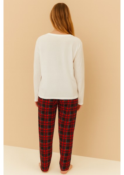 Kadın Baskılı Beyaz Ekose Desenli Pijama Takımı - Kardan Adam Baskılı modelleri