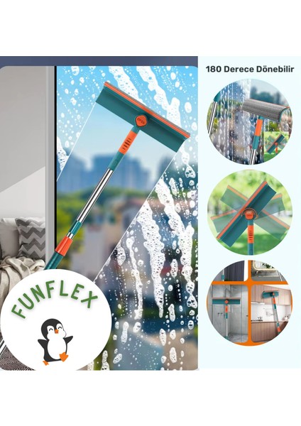 Teleskopik Cam Temizleyici – Oynar Başlıklı, Mikrofiber Bezli & Çekçekli Aparat