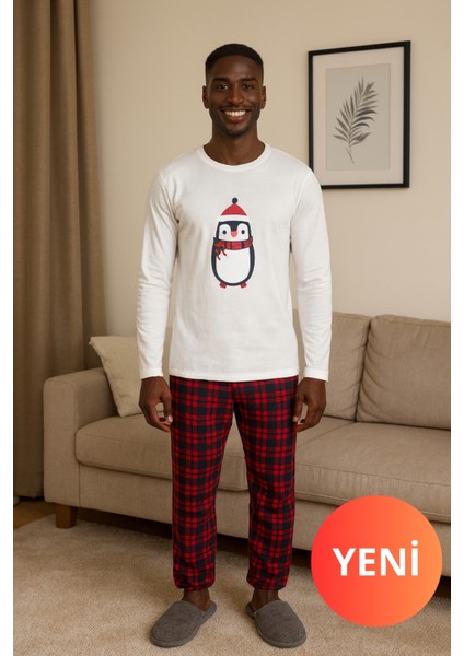 Erkek Baskılı Beyaz Ekose Pijama Takımı – Kardan Adam Desenli, Bisiklet Yaka
