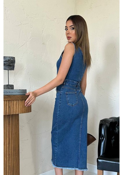 Nova Yırtmaç Detaylı Düğmeli Denim Kalem Elbise fiyatları