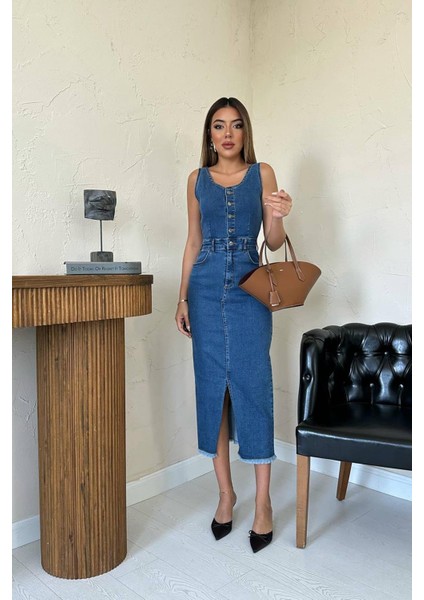 Nova Yırtmaç Detaylı Düğmeli Denim Kalem Elbise modelleri