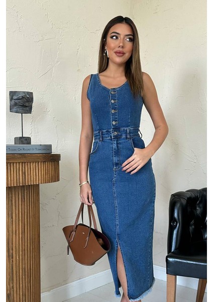 Nova Yırtmaç Detaylı Düğmeli Denim Kalem Elbise fırsatları